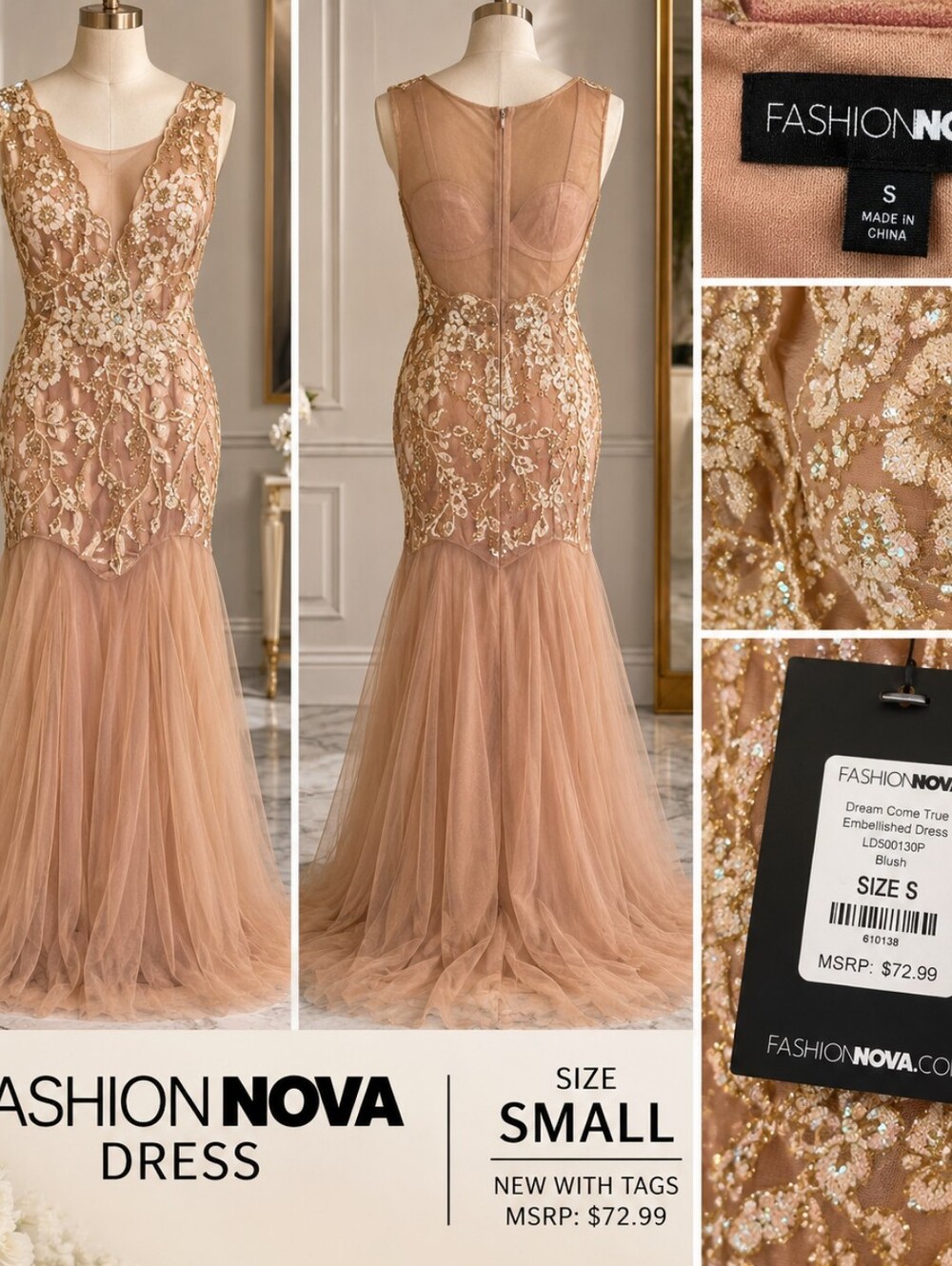 Fashion Nova Blush Gold-Embellished Tulle Mermaid Gown